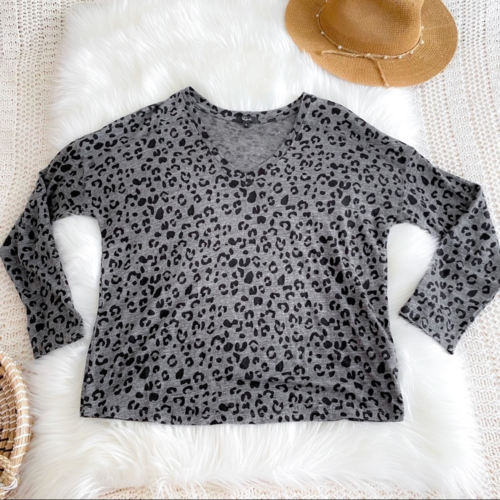 Rails Linen Long Sleeve Top Shirt Gray Sami Charcoal Leopard V-neck Sweater - Picture 5 of 12